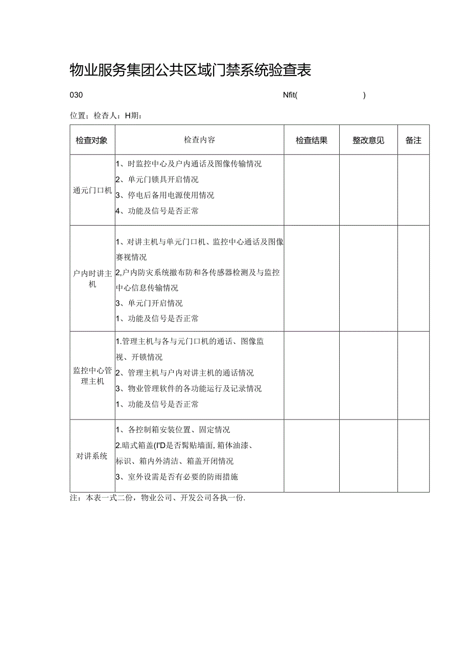 物业服务集团公共区域门禁系统验查表.docx_第1页