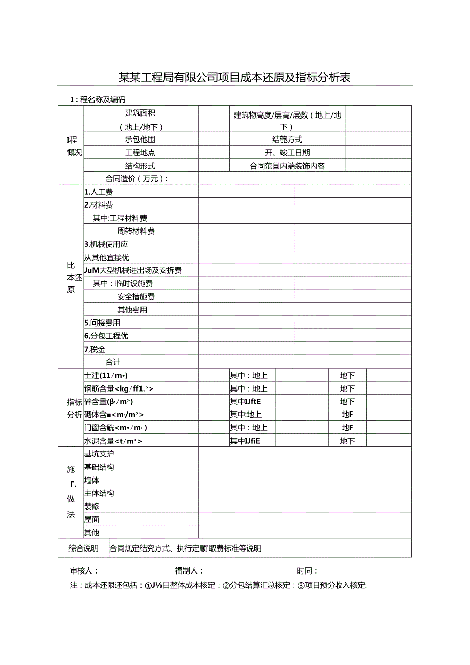 某某工程局有限公司项目成本还原及指标分析表.docx_第1页