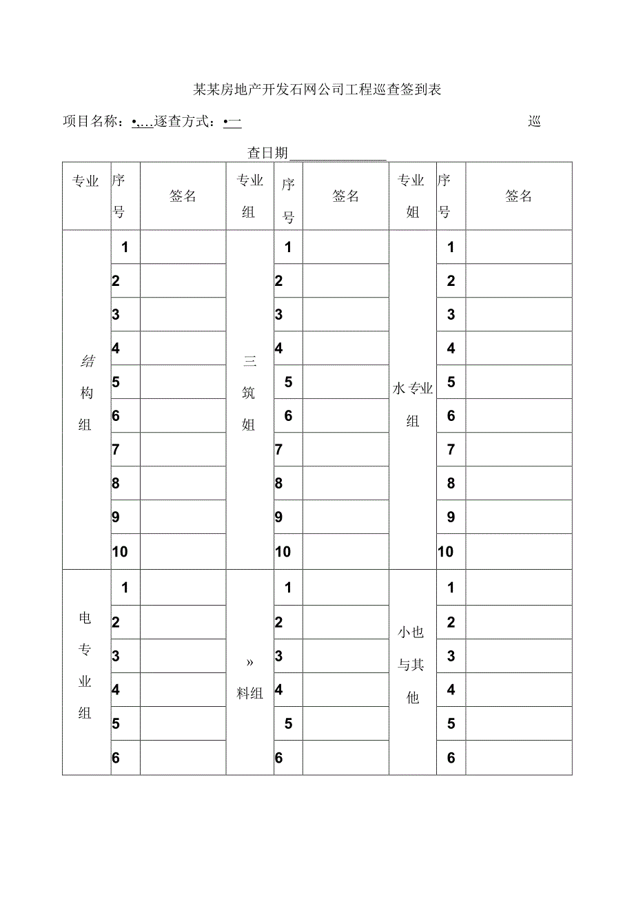 某某房地产开发有限公司工程巡查签到表.docx_第1页