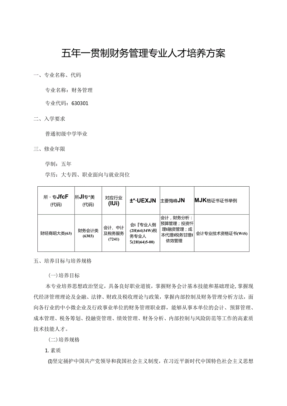 职业技术学院财务管理专业（五年制）人才培养方案.docx_第1页