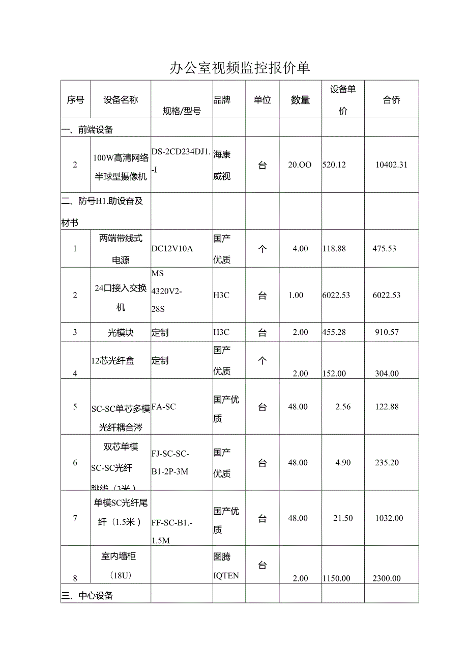 办公室视频监控报价单.docx_第1页