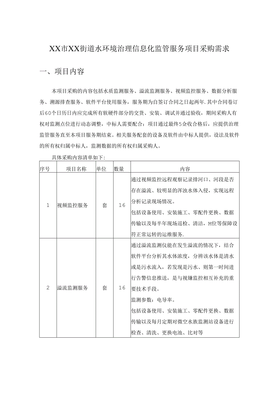 XX市XX街道水环境治理信息化监管服务项目采购需求.docx_第1页