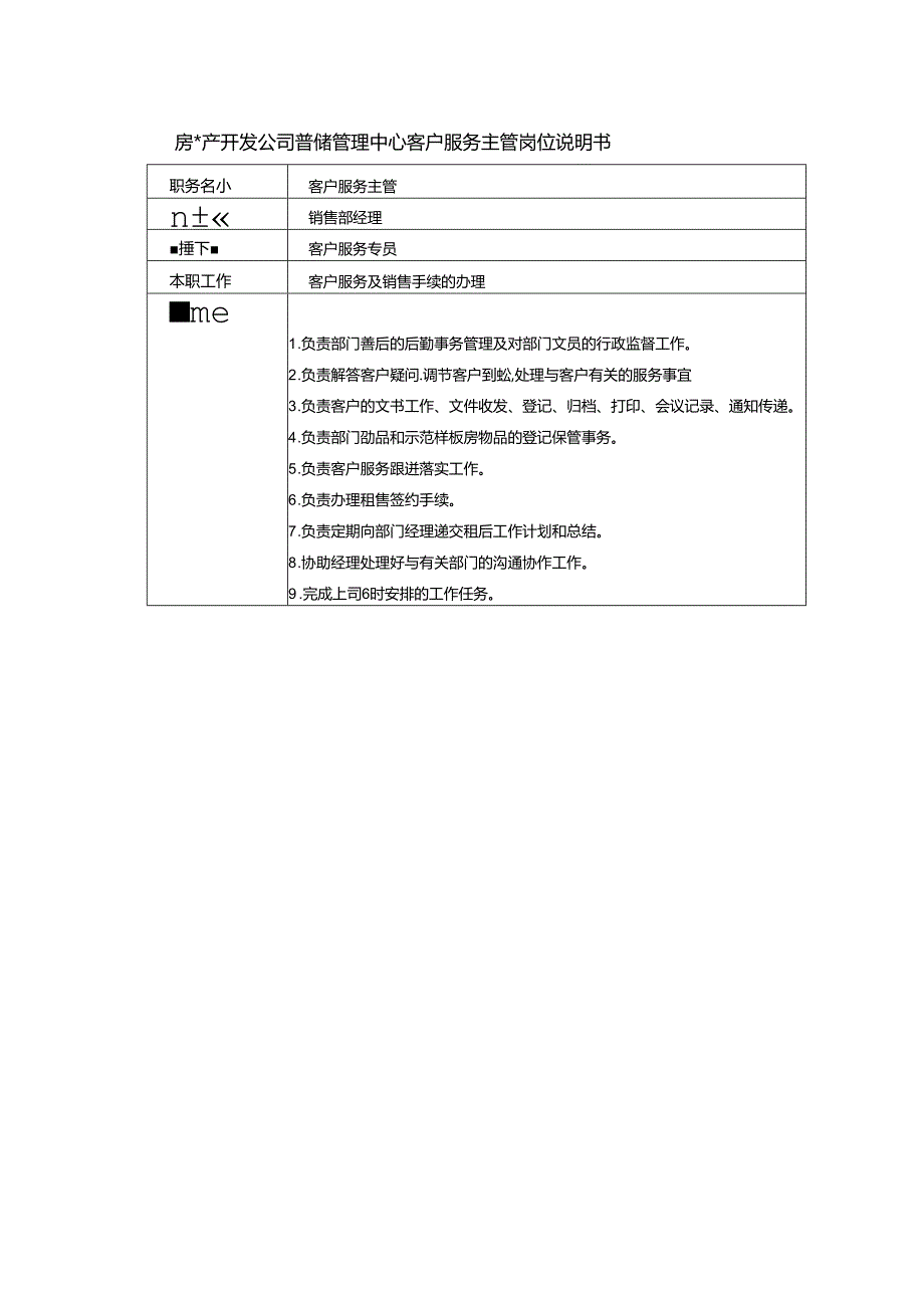 房地产开发公司营销管理中心客户服务主管岗位说明书.docx