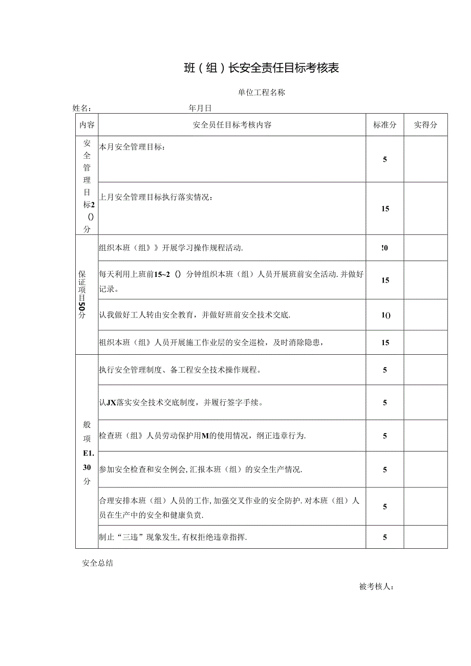 班（组）长安全责任目标考核表.docx