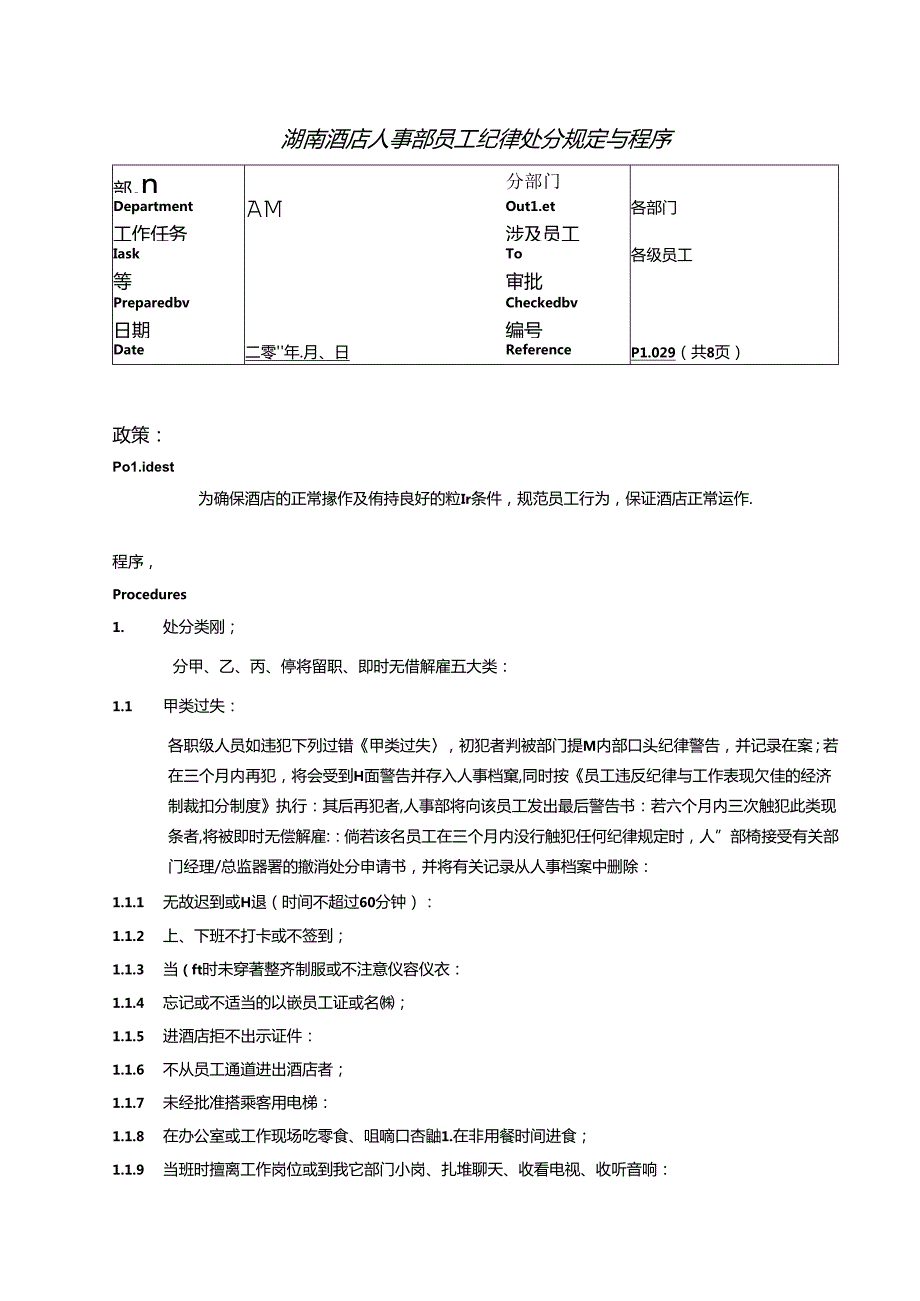 湖南酒店人事部员工纪律处分规定与程序.docx_第1页