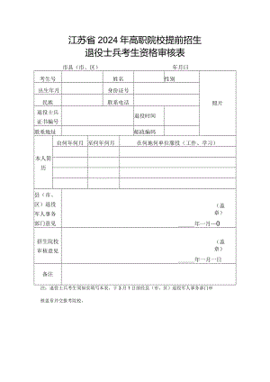 江苏省2024年高职院校提前招生退役士兵考生资格审核表（2024年）.docx