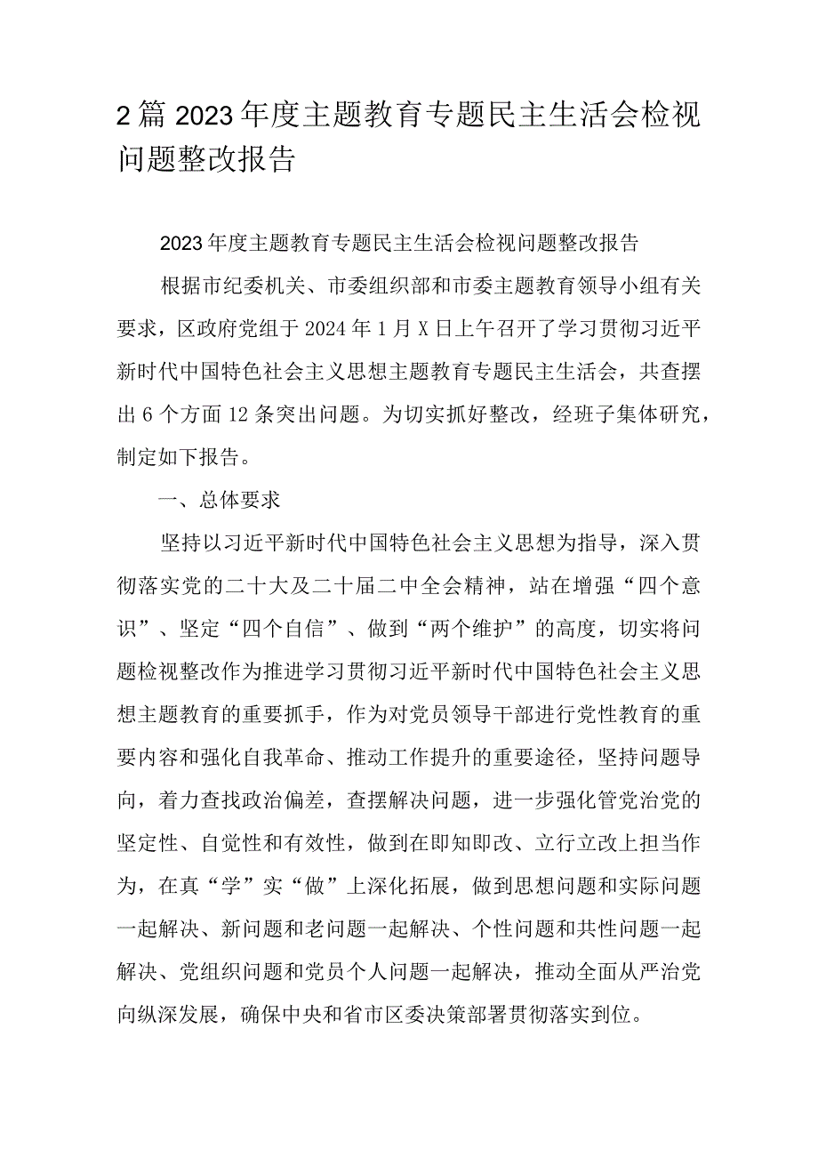 2篇2023年度主题教育专题民主生活会检视问题整改报告.docx_第1页