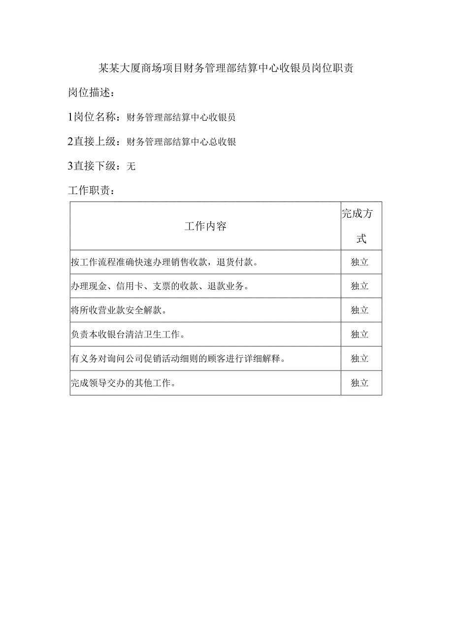 某某大厦商场项目财务管理部结算中心收银员岗位职责.docx_第1页