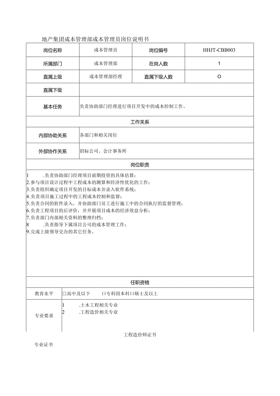 地产集团成本管理部成本管理员岗位说明书.docx_第1页