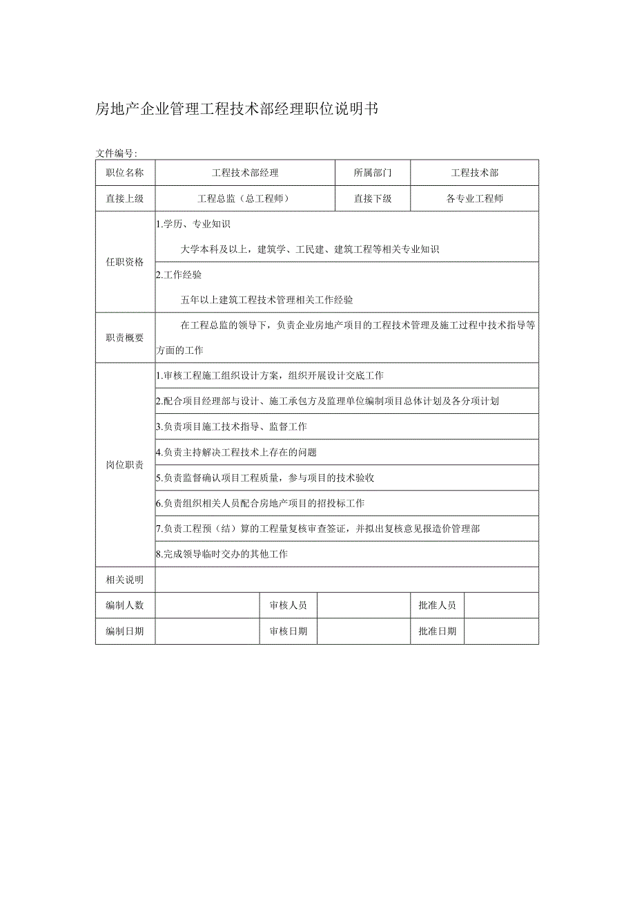 房地产企业管理工程技术部经理职位说明书.docx_第1页