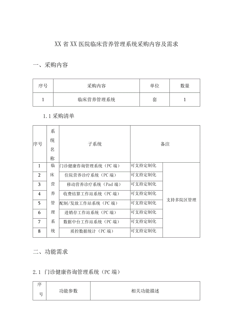 XX省XX医院临床营养管理系统采购内容及需求.docx_第1页