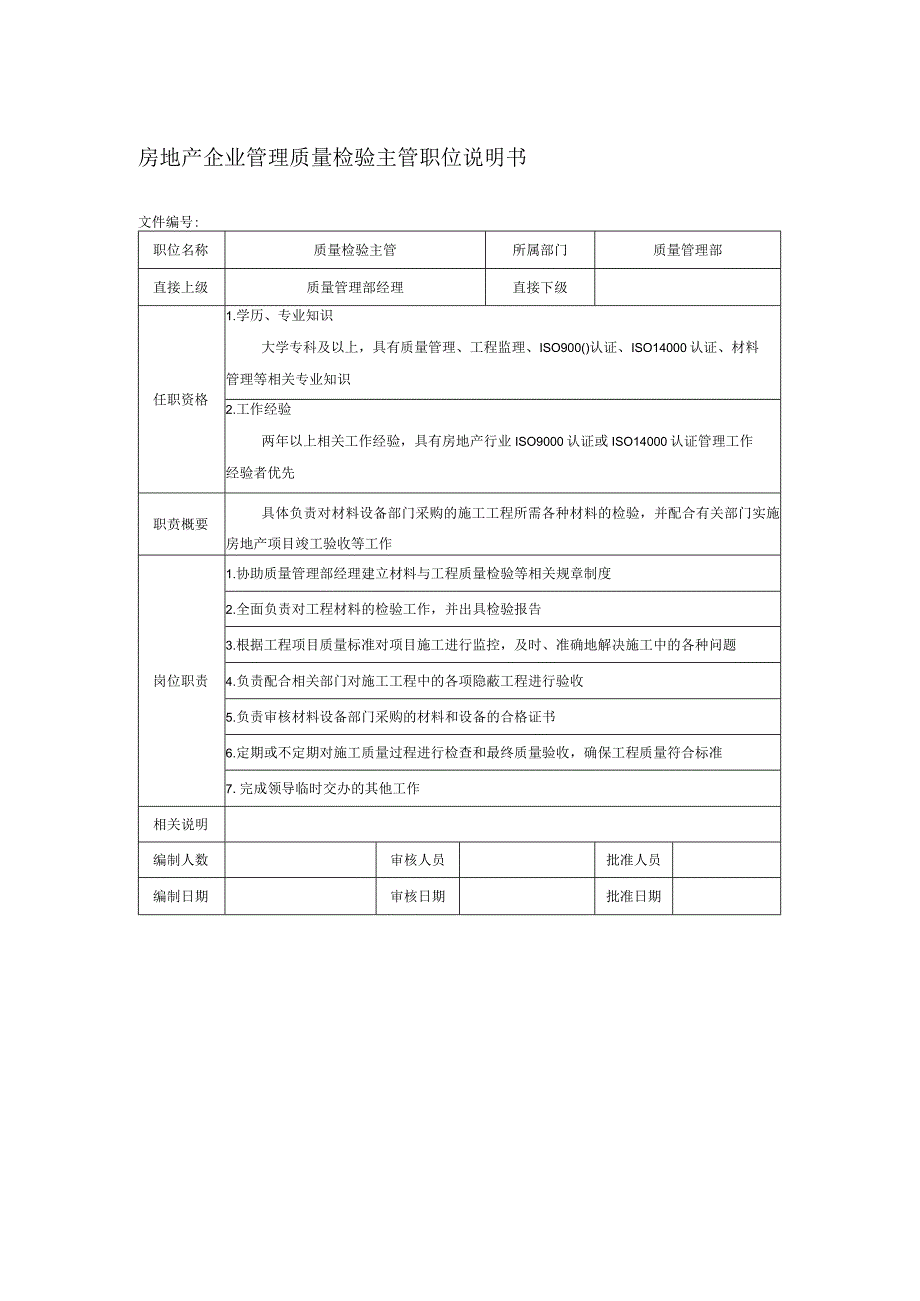 房地产企业管理质量检验主管职位说明书.docx_第1页