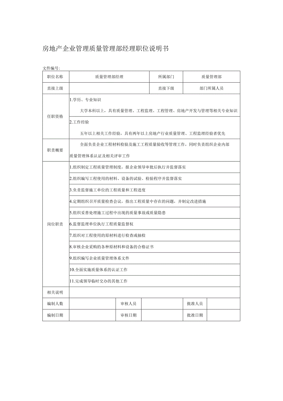 房地产企业管理质量管理部经理职位说明书.docx_第1页