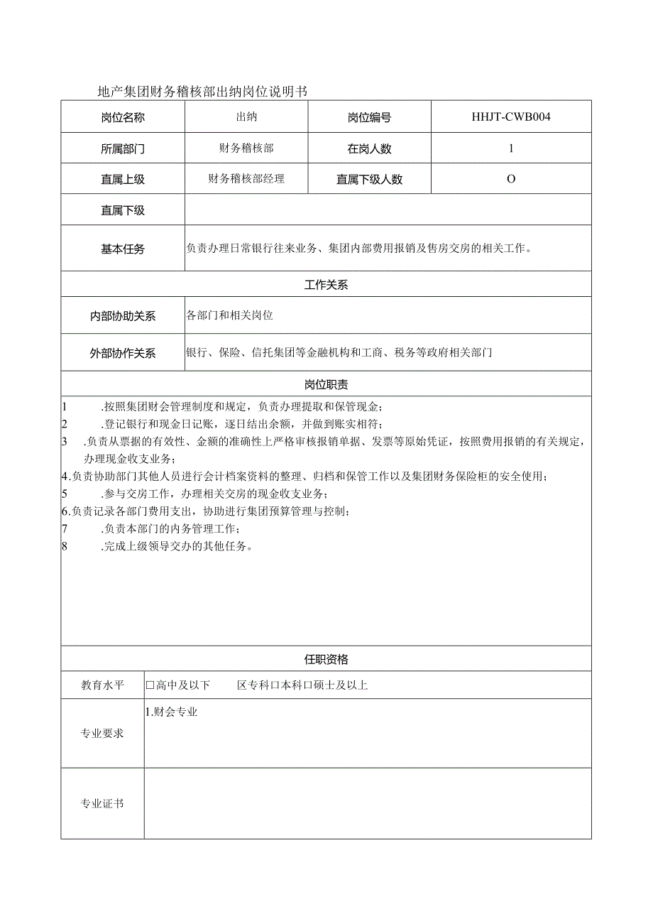 地产集团财务稽核部出纳岗位说明书.docx_第1页