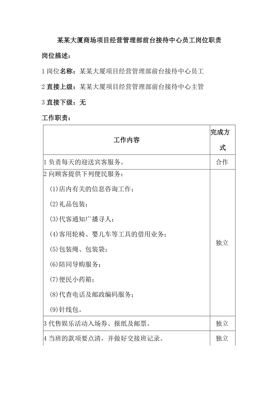 某某大厦商场项目经营管理部前台接待中心员工岗位职责.docx_第1页