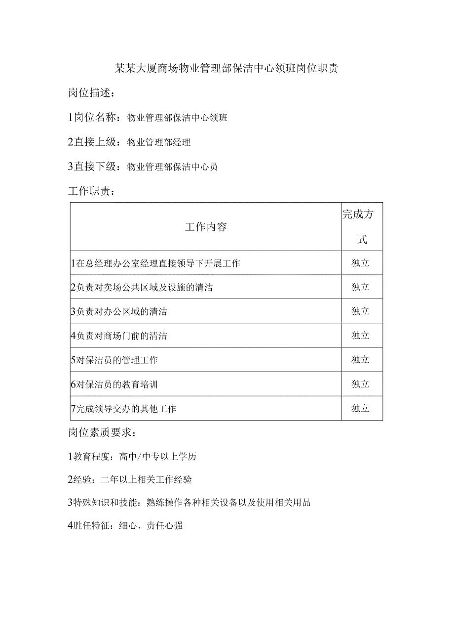 某某大厦商场物业管理部保洁中心领班岗位职责.docx_第1页