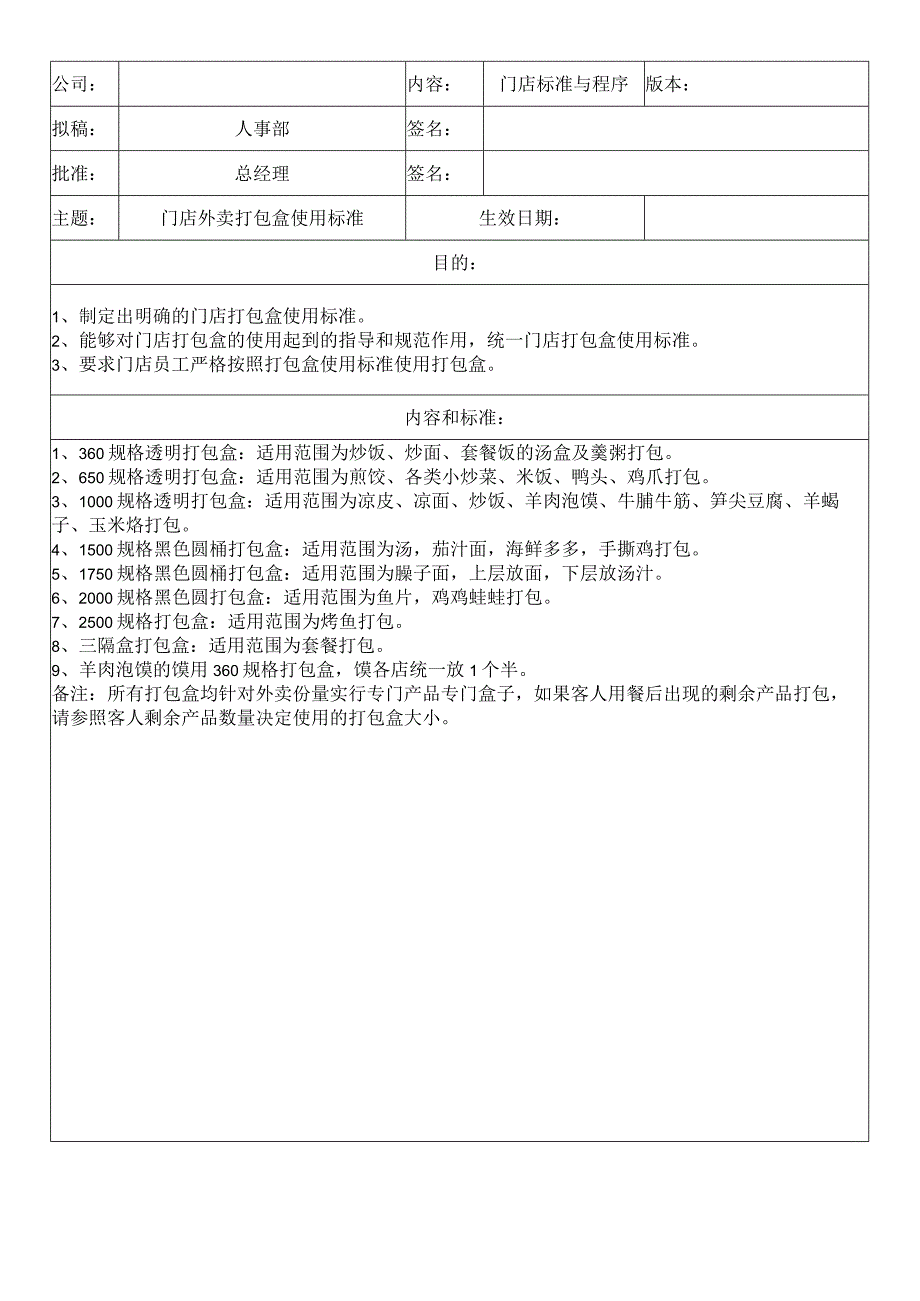 中餐公司门店打包盒使用标准.docx_第1页