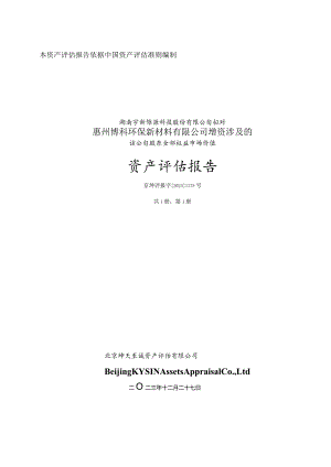 宇新股份：湖南宇新能源科技股份有限公司拟对惠州博科环保新材料有限公司增资涉及的该公司股东全部权益市场价值资产评估报告.docx