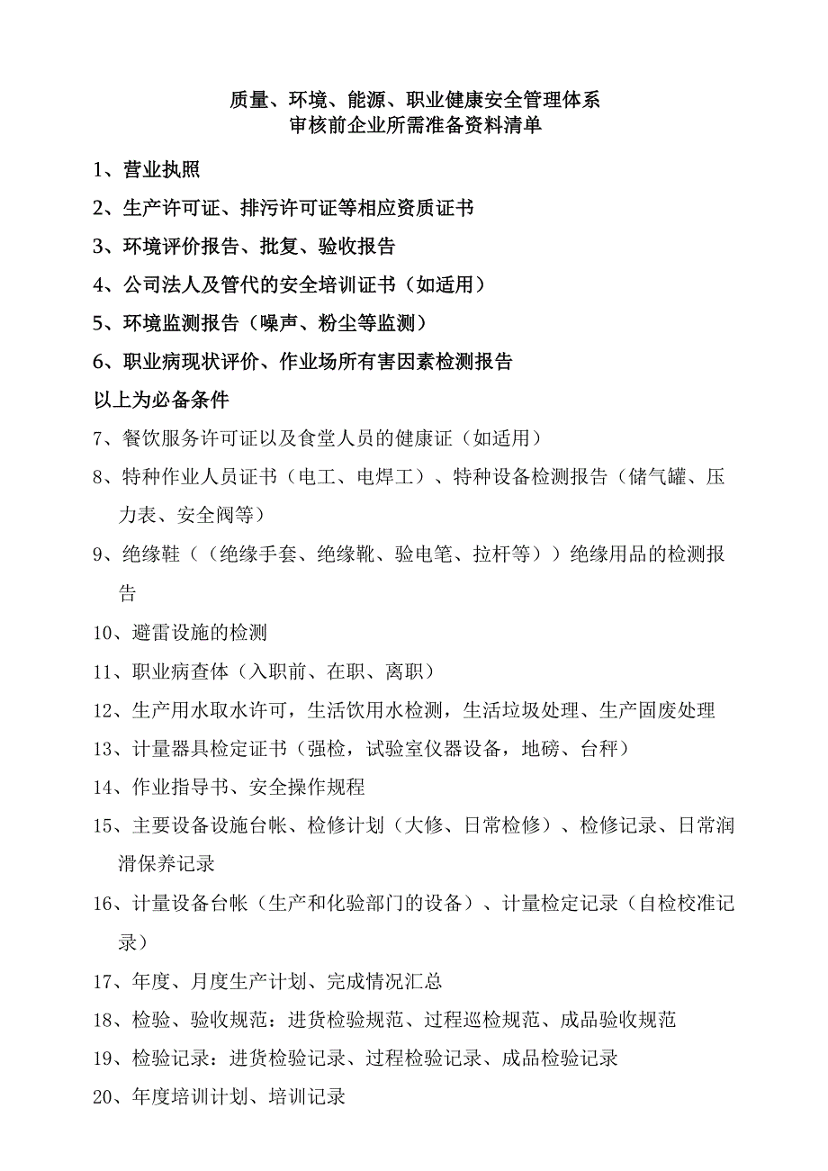 9、四体系审核前企业所需准备资料清单.docx_第1页