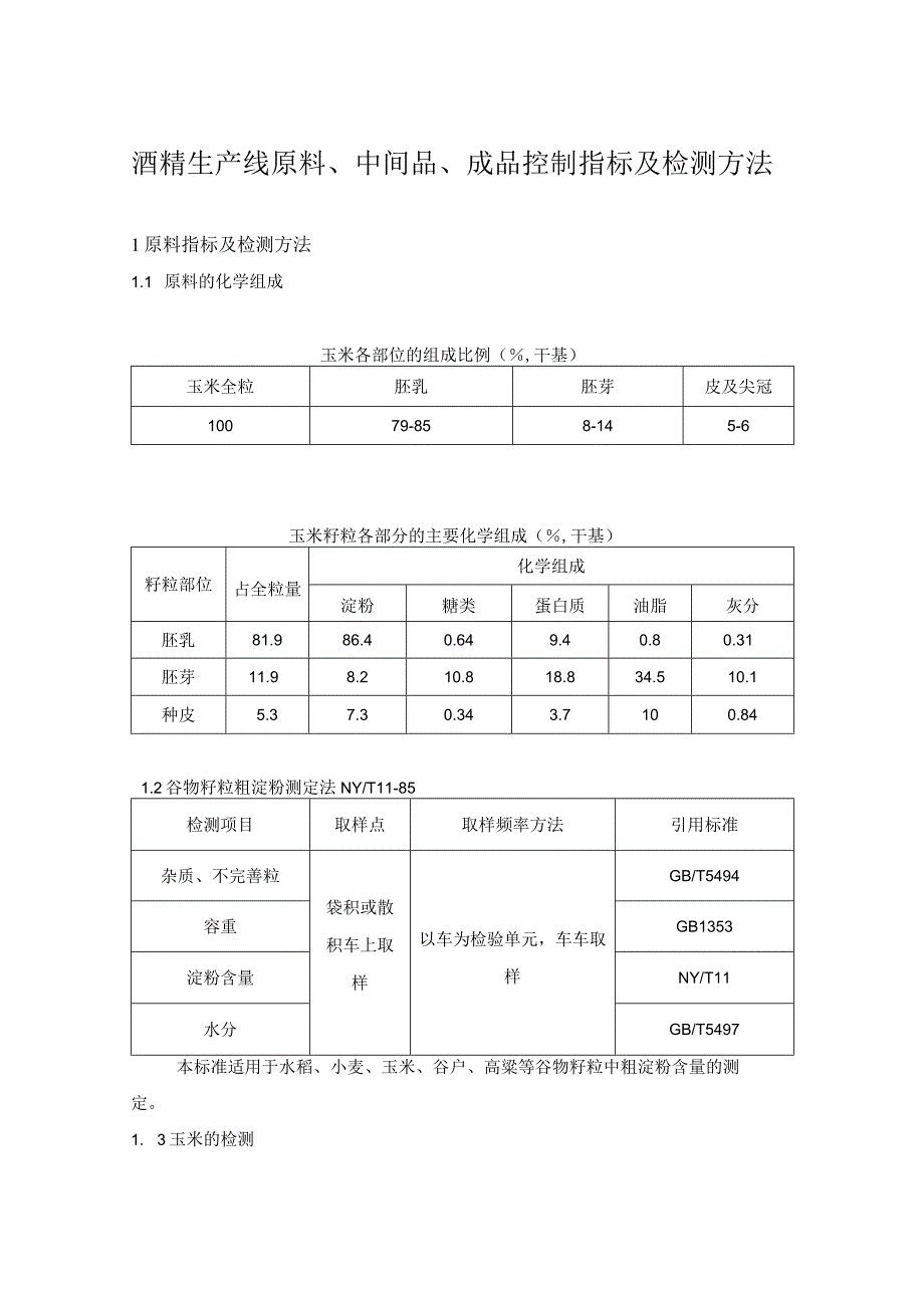 酒精生产线原料、中间品、成品控制指标及检测方法.docx_第1页