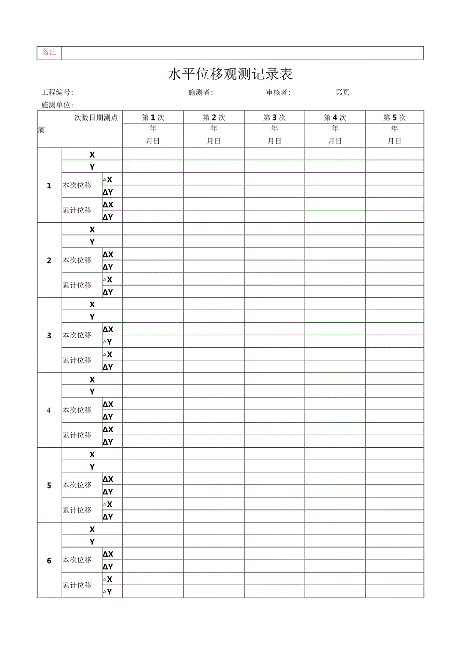 变形监测水平位移观测记录表5页.docx_第1页