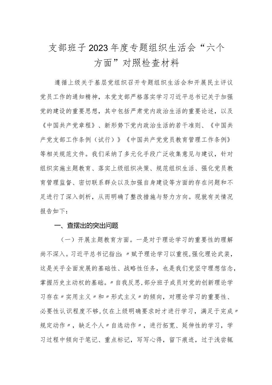 2篇支部班子2023-2024年度“六个方面”班子对照检查材料.docx_第1页