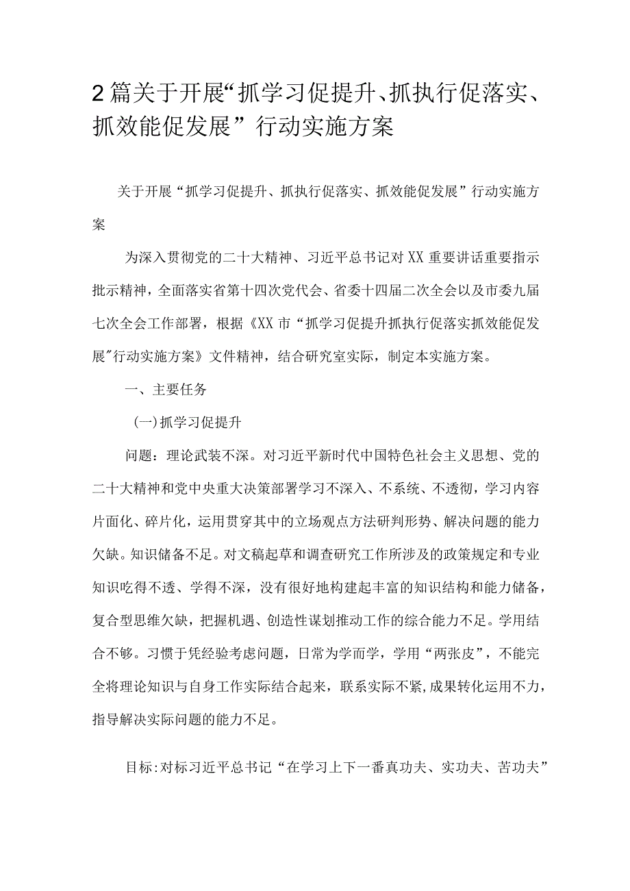 2篇关于开展“抓学习促提升、抓执行促落实、抓效能促发展”行动实施方案.docx_第1页