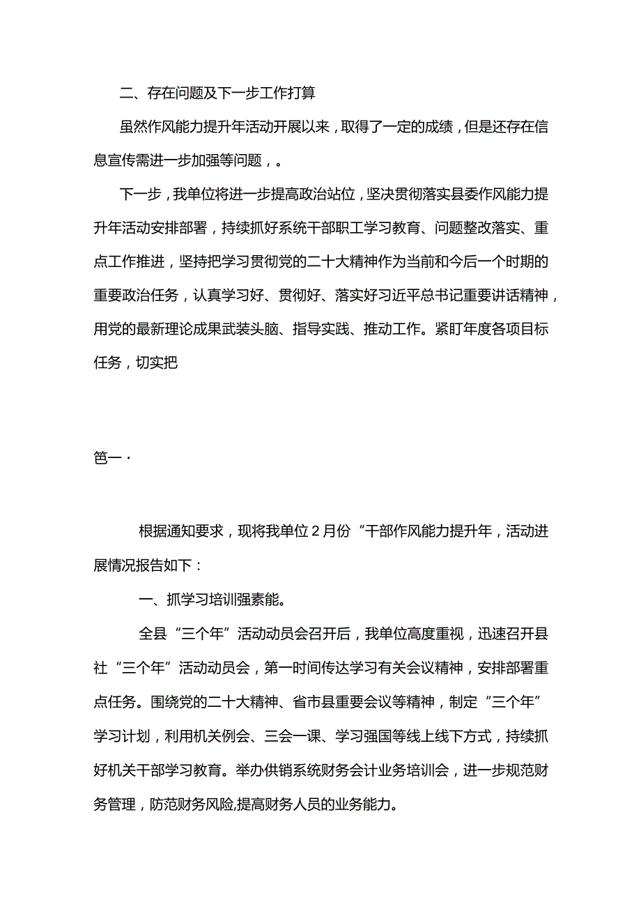 2篇2023年月度“干部作风能力提升年”活动进展情况的报告（精选）.docx_第3页