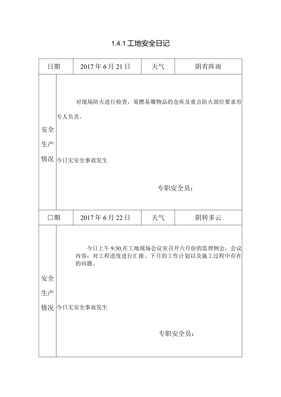 [施工资料]工地安全日记(20).docx_第1页