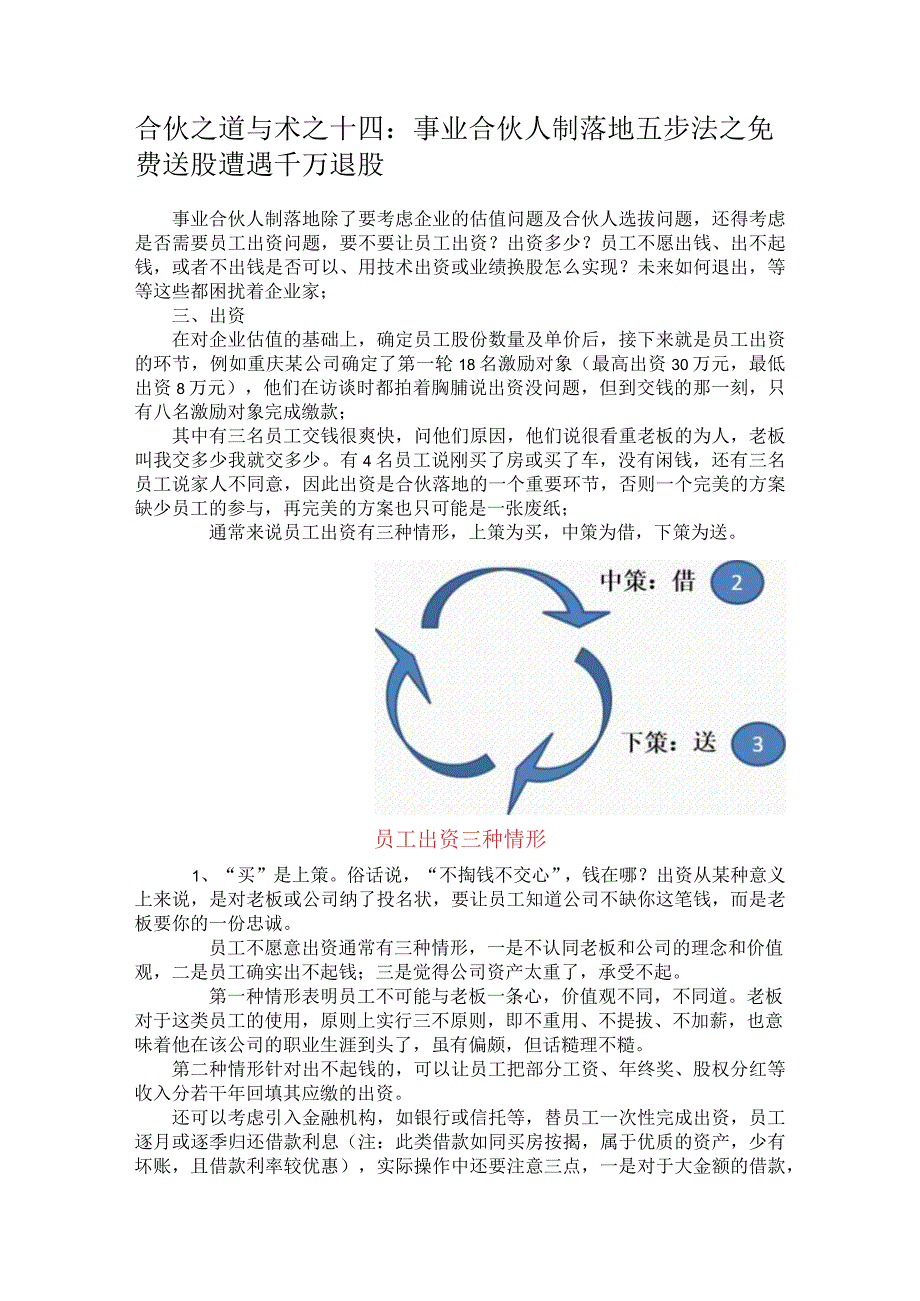 合伙之道与术之十四：事业合伙人制落地五步法之免费送股遭遇千万退股（员工出资三种情形）.docx_第1页