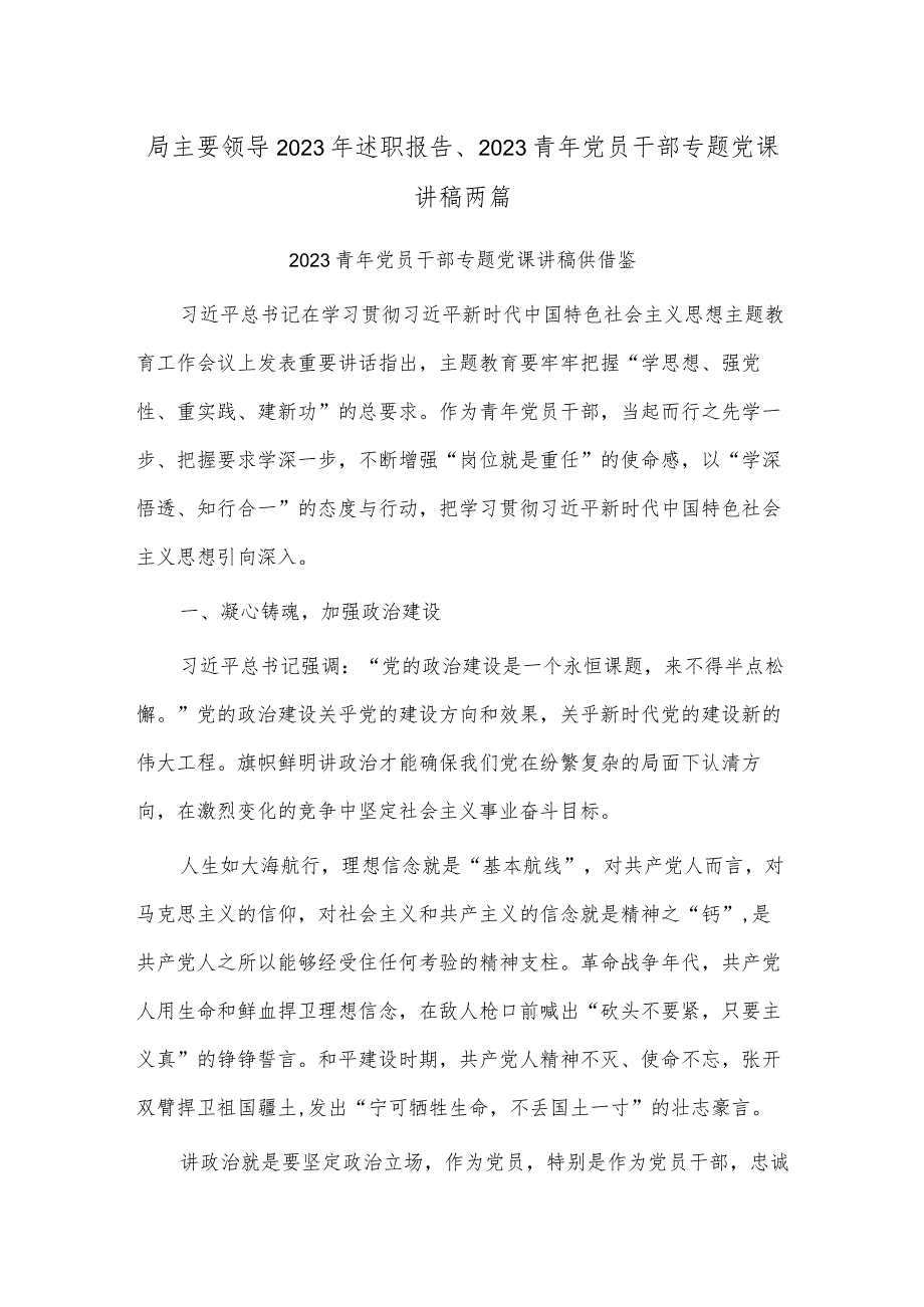 局主要领导2023年述职报告、2023青年党员干部专题党课讲稿两篇.docx_第1页