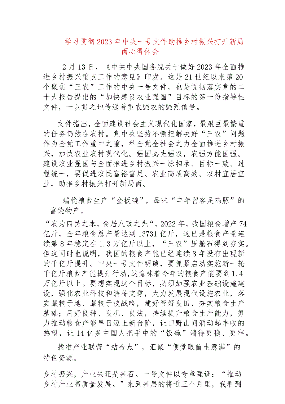 【最新党政公文】学习贯彻2023年中央一号文件助推乡村振兴打开新局面心得体会（完成版）.docx_第1页