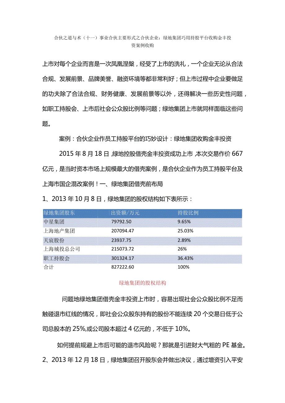 合伙之道与术（十一）事业合伙主要形式之合伙企业：绿地集团巧用持股平台收购金丰投资案例收购（借壳公众股比例不足退市30%红线资产置换）.docx_第1页