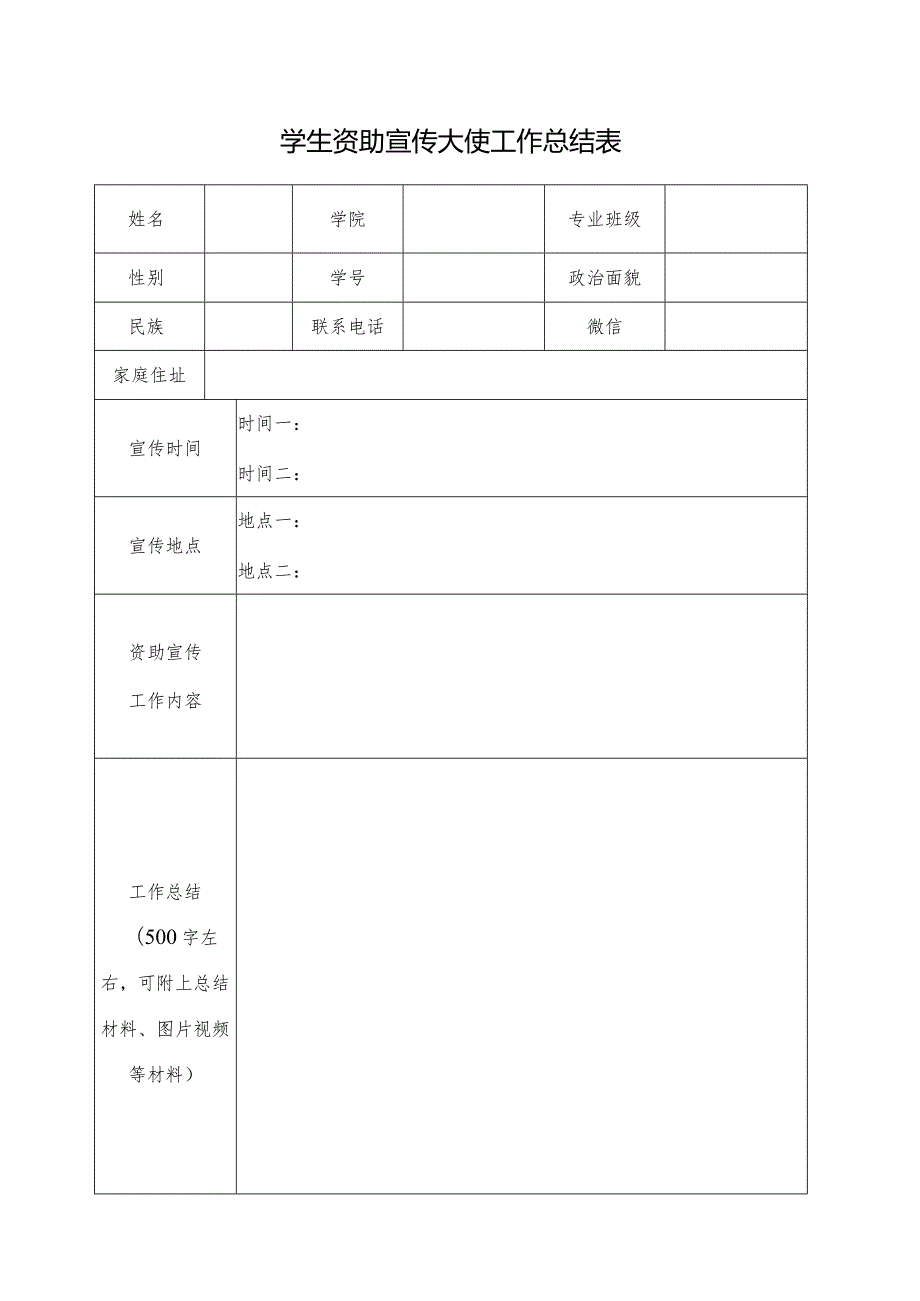 学生资助宣传大使工作总结表.docx_第1页