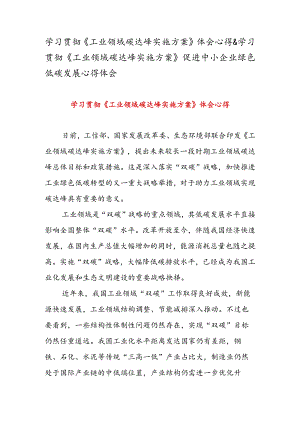 学习贯彻《工业领域碳达峰实施方案》体会心得&学习贯彻《工业领域碳达峰实施方案》促进中小企业绿色低碳发展心得体会.docx