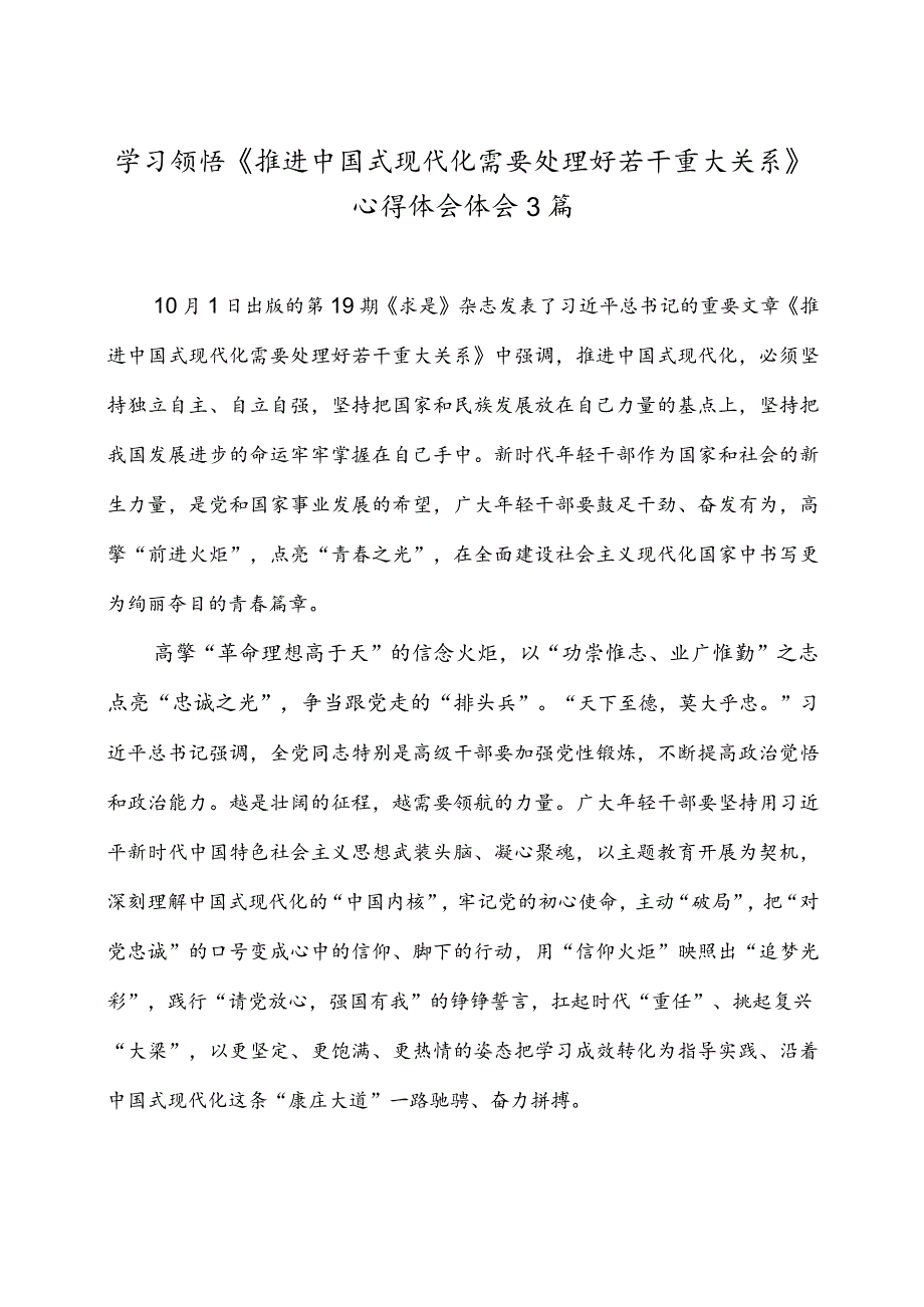 学习《推进中国式现代化需要处理好若干重大关系》心得发言稿3篇.docx_第1页