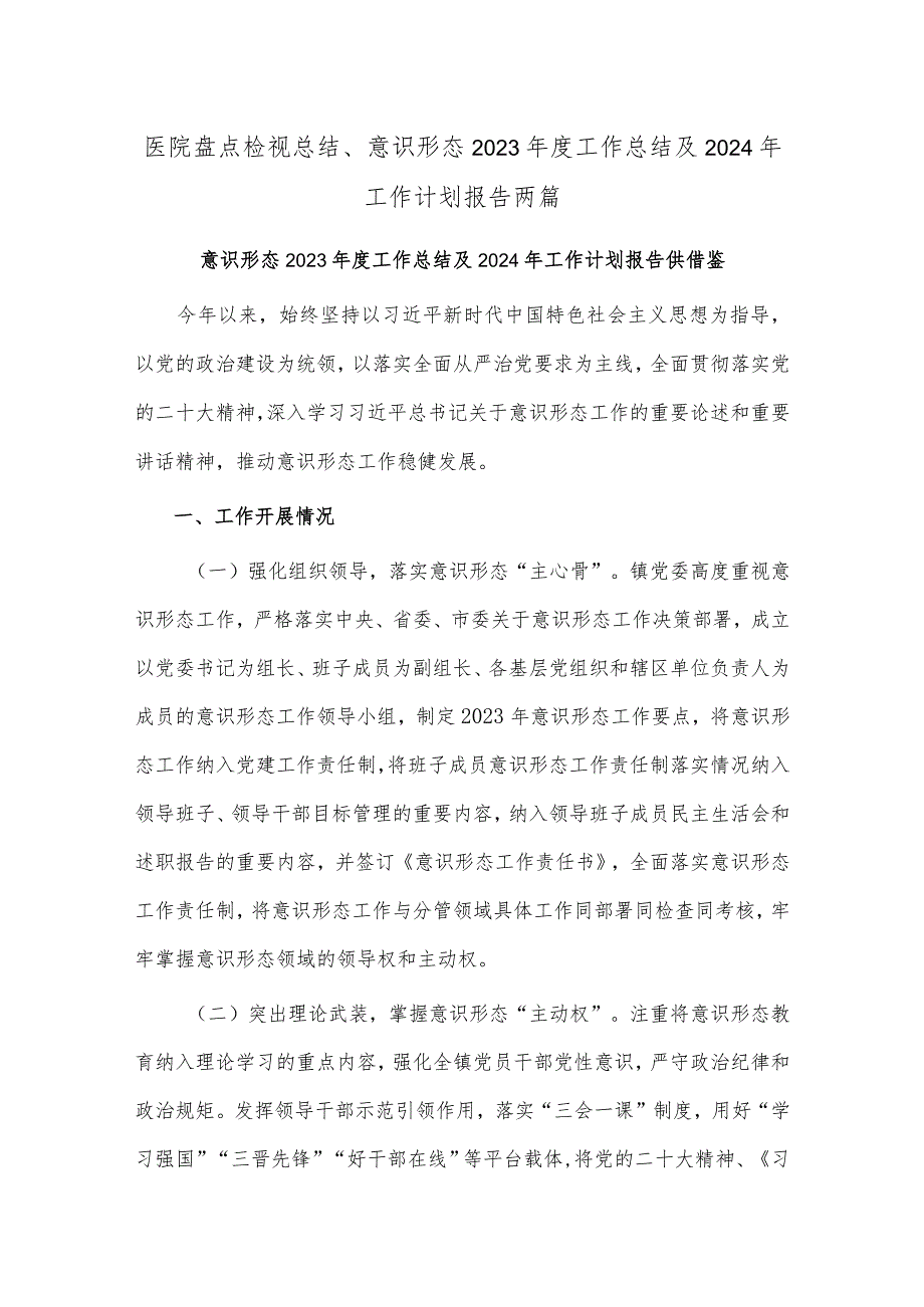 医院盘点检视总结、意识形态2023年度工作总结及2024年工作计划报告两篇.docx_第1页