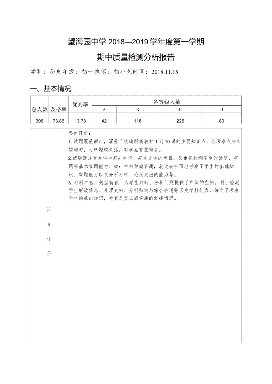 威海十中学年第学期考试质量检测分析报告.docx_第1页