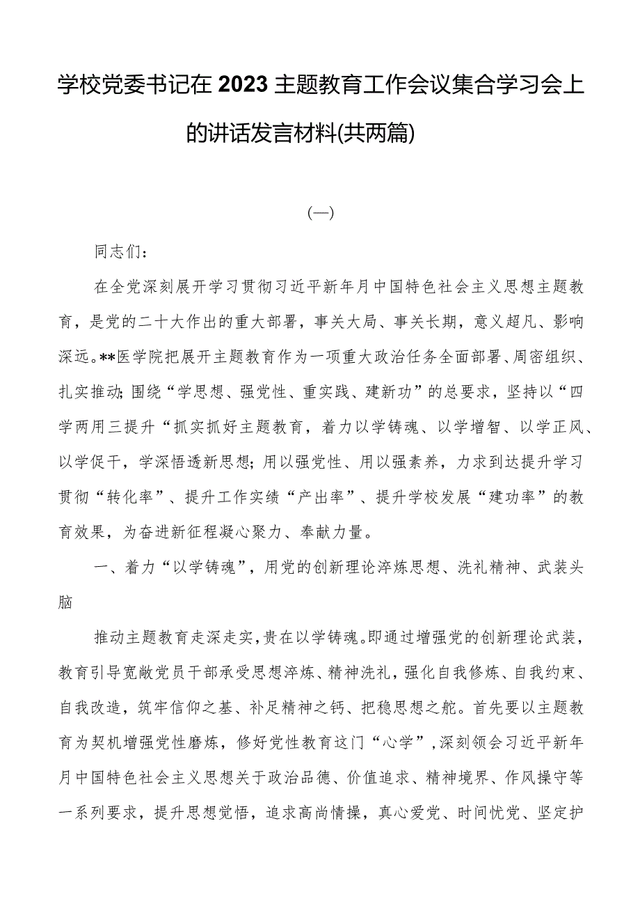 学校党委书记在2023主题教育工作会议集中学习会上的讲话发言材料（共两篇）.docx_第1页