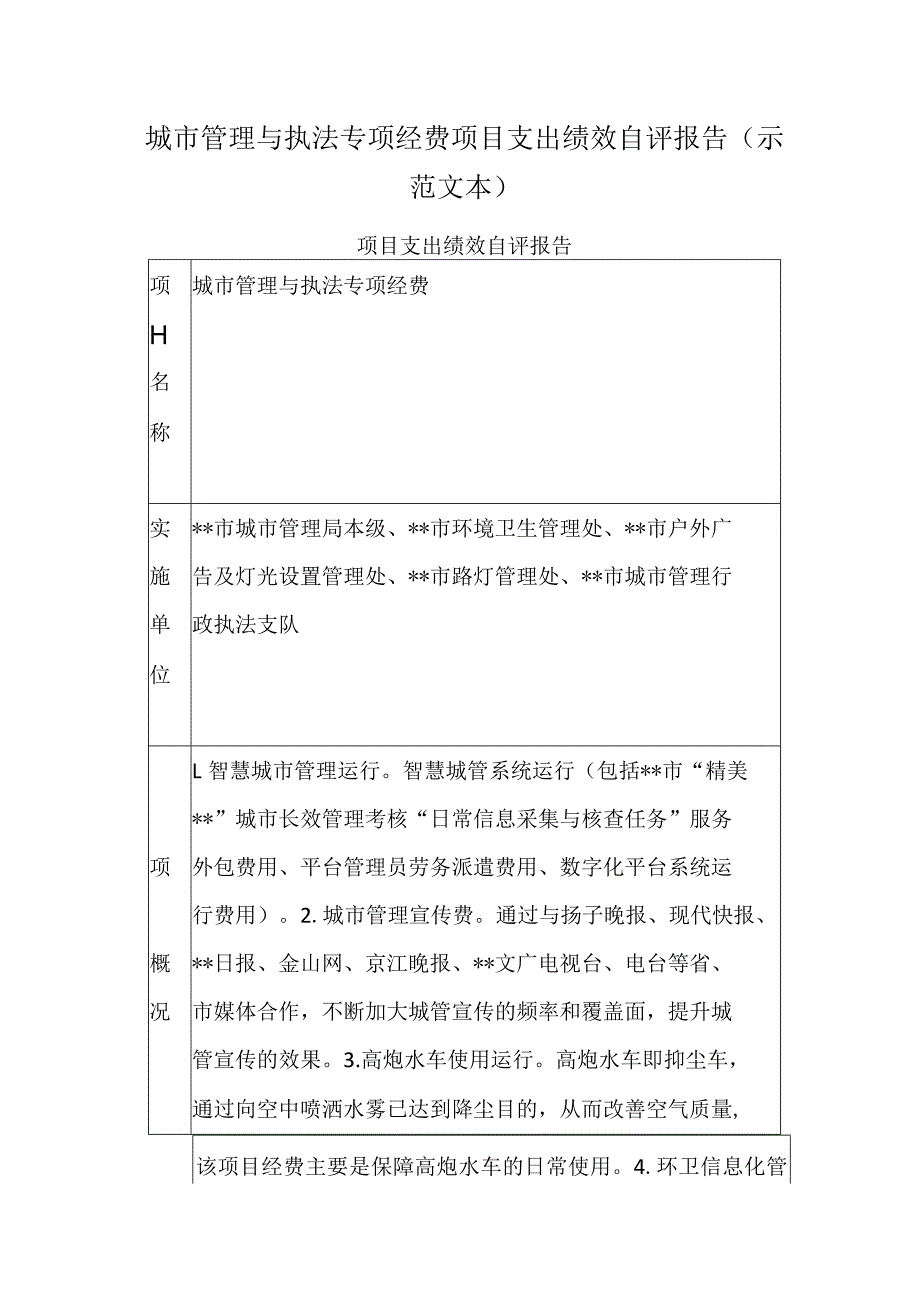 城市管理与执法专项经费项目支出绩效自评报告（示范文本）.docx_第1页