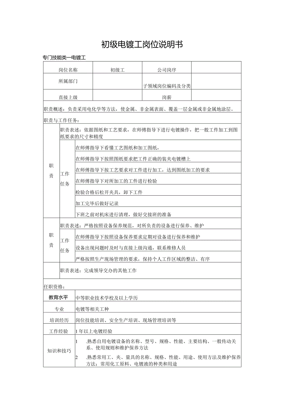 初级电镀工岗位说明书.docx_第1页