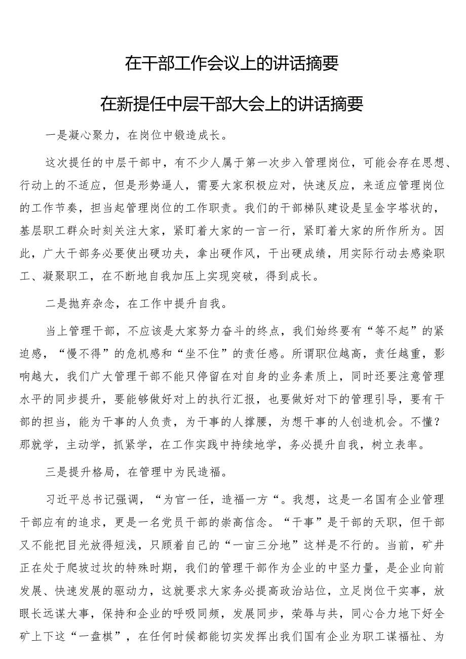 在干部工作会议上的讲话摘要.docx_第1页