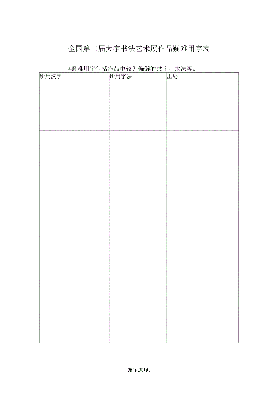 全国第二届大字书法艺术展作品疑难用字表.docx_第1页