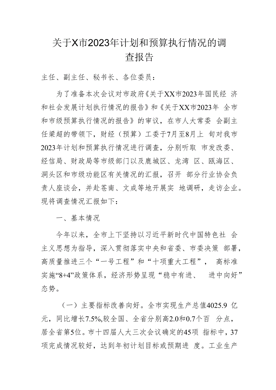 关于X市2023年计划和预算执行情况的调查报告.docx_第1页