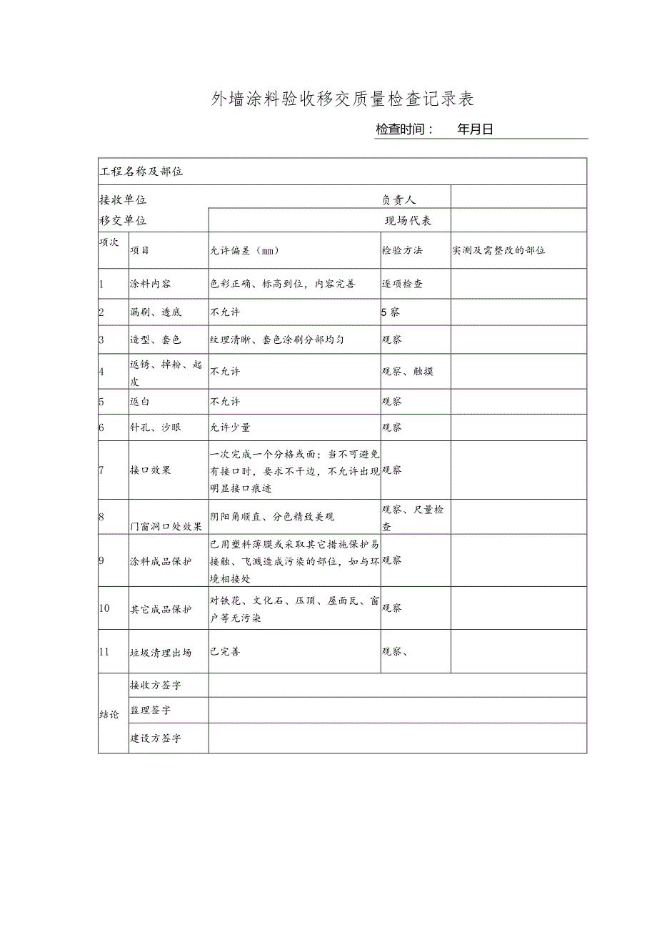 外墙涂料验收记录表.docx_第1页