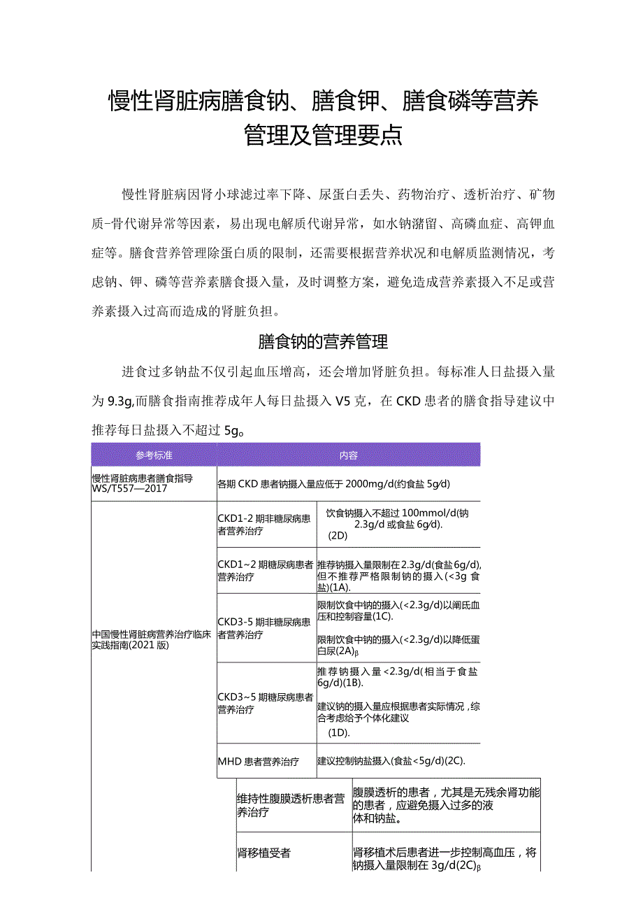 慢性肾脏病膳食钠、膳食钾、膳食磷等营养管理及管理要点.docx_第1页