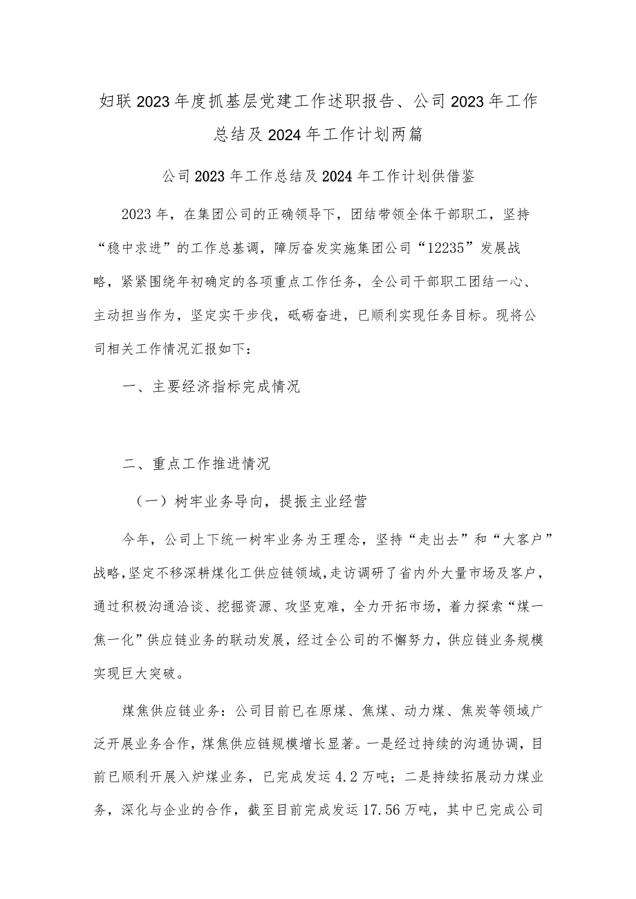 妇联2023年度抓基层党建工作述职报告、公司2023年工作总结及2024年工作计划两篇.docx_第1页