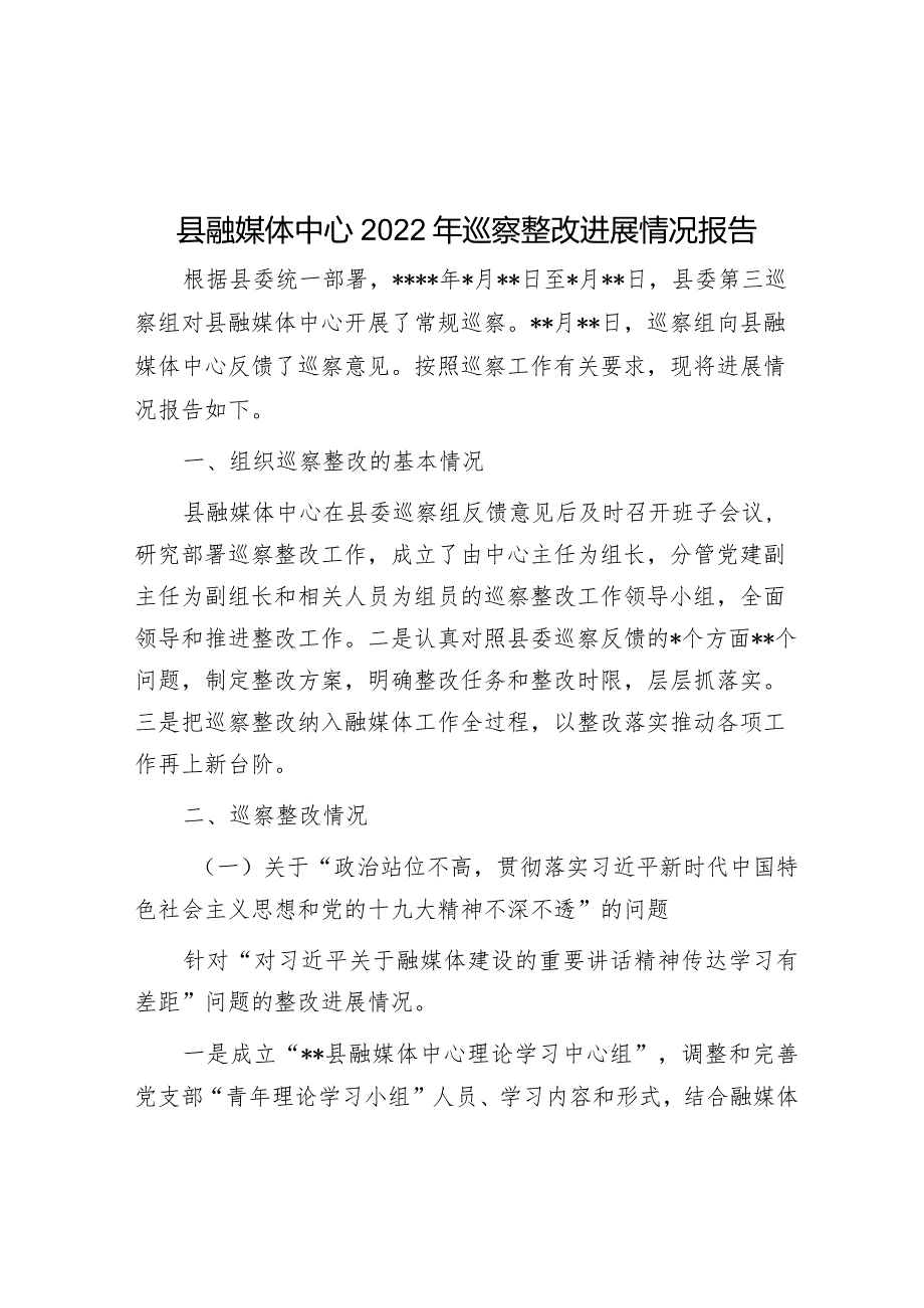 县融媒体中心2022年巡察整改进展情况报告.docx_第1页