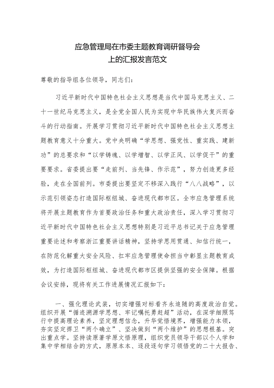 应急管理局在市委主题教育调研督导会上的汇报发言范文.docx_第1页