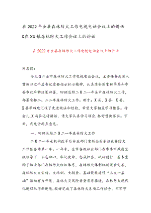 在2022年全县森林防火工作电视电话会议上的讲话&在XX镇森林防火工作会议上的讲话.docx